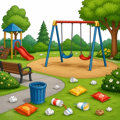 Trash is scattered near swings at a park.