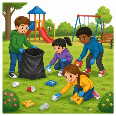 One child holds a trash bag while friends pick up litter.
