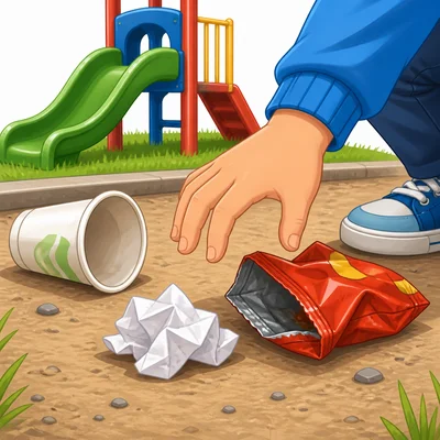 Litter lies on the ground near a playground.