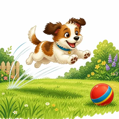 A small dog bounds across a yard toward a ball.
