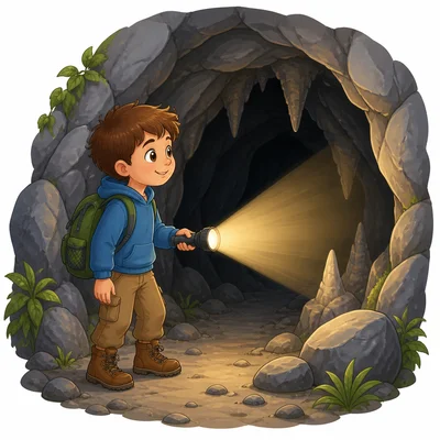 A child uses a flashlight to see inside a dark cave.