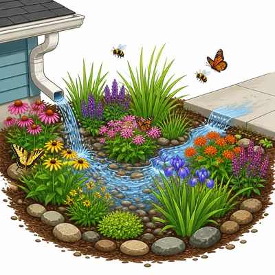 A rain garden catches water and supports insects.