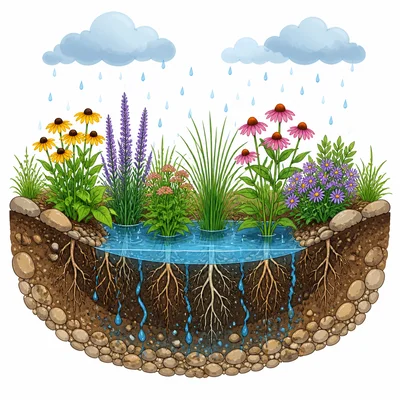 Plant roots soak up water in a rain garden.
