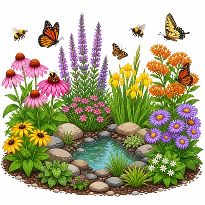 Bees and butterflies visit flowers in a rain garden.