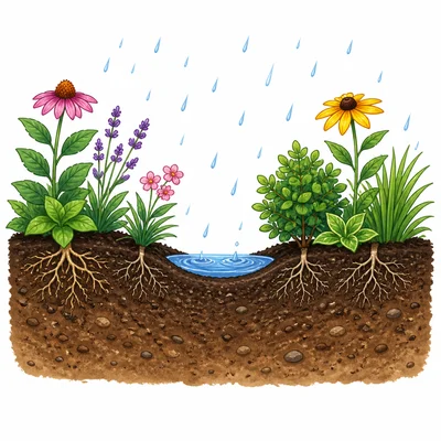 A shallow garden bed holds a little rainwater.