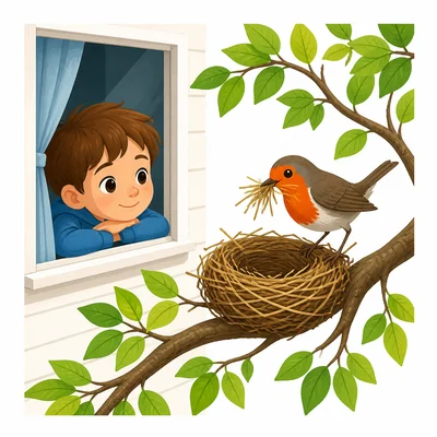 A robin builds a nest in a tree while a child watches quietly from a window.