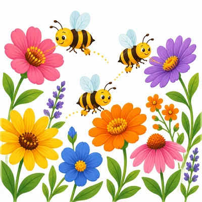 Bees fly between flowers carrying pollen.