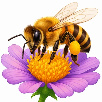 A bee carries pollen on its legs while sitting on a flower.