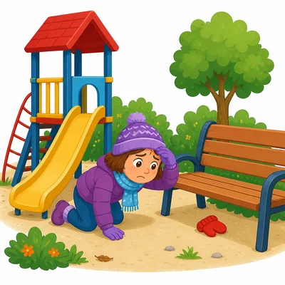 A child searches a playground for a lost red mitten.