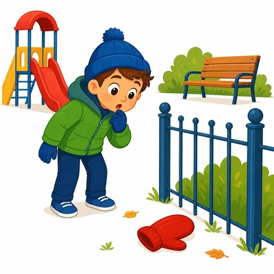 A red mitten lies near a playground fence.