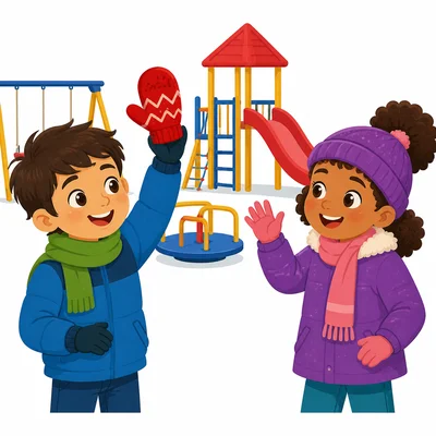 A child helps a friend by finding and holding up a red mitten.