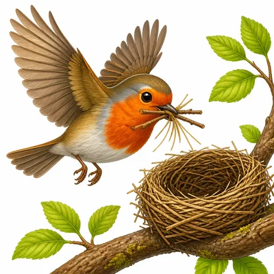 A robin carries tiny sticks and dry grass to a nest.