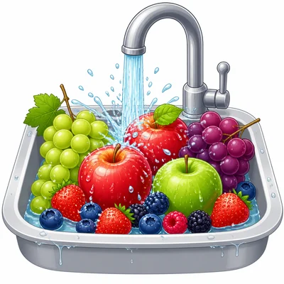 Fruit is being washed in a sink.