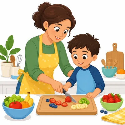 An adult helps a child safely cut fruit.