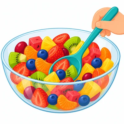 A spoon mixes fruit pieces in a bowl.