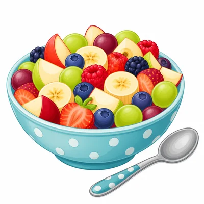 A colorful fruit cup in a bowl with a spoon.