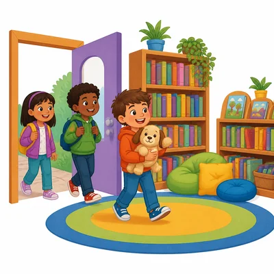 A child brings a stuffed animal to a library story time.