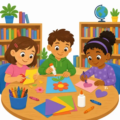 Children make a craft at a library table.