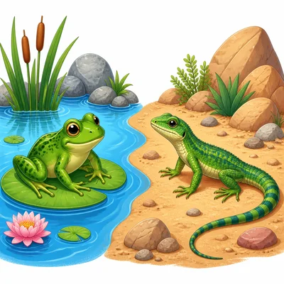 A frog near water and a lizard on land show their differences.