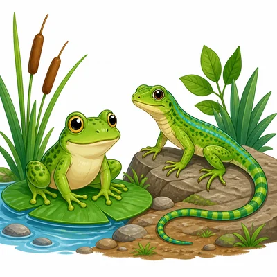 A frog and a lizard are shown side by side as animals.
