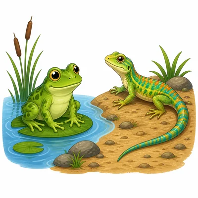 A frog by water and a lizard on land show a contrast.