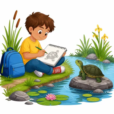 A child draws a turtle by a pond.