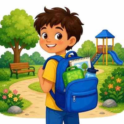 A happy child wears a blue backpack at the park.