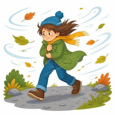 A traveler holds a coat tightly in strong wind.