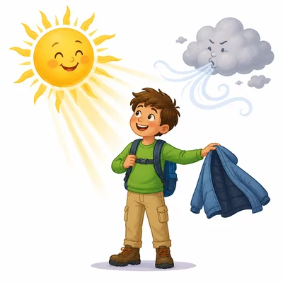 The sun shines warmly as the traveler removes a coat.