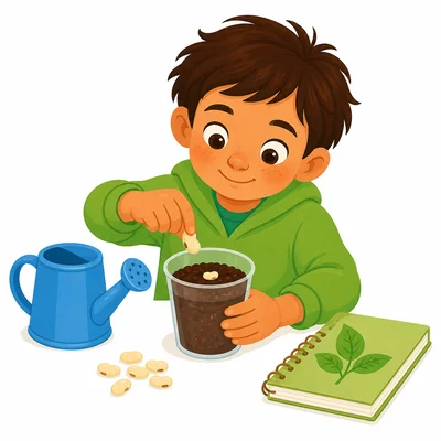 A child plants bean seeds in a cup of soil.