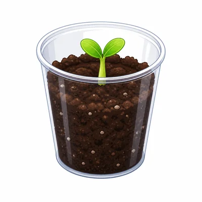 A green sprout grows up through soil in a cup.
