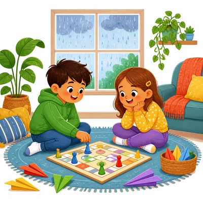 Children play a board game indoors on a rainy day.