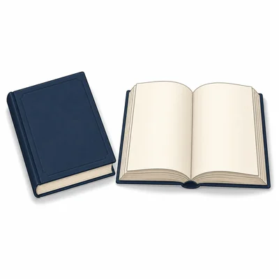 A closed book and an open book on a white background.