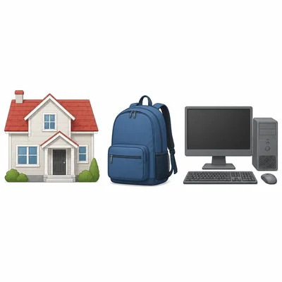 A house, a school bag, and a computer.