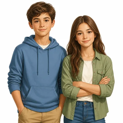 A brother and sister standing side by side.