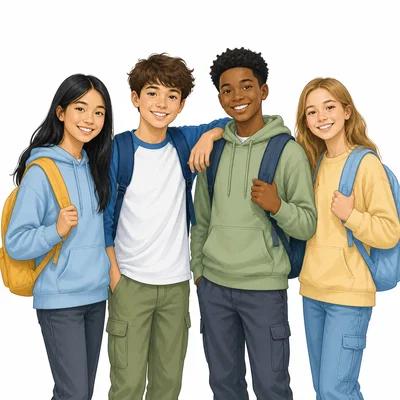 A group of four friends standing together.
