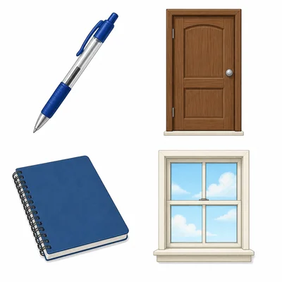 A pen, a door, a notebook, and a window arranged in a grid.