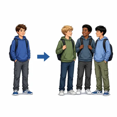 One boy shown changing to a group of boys.