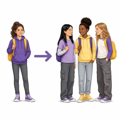 One girl shown changing to a group of girls.