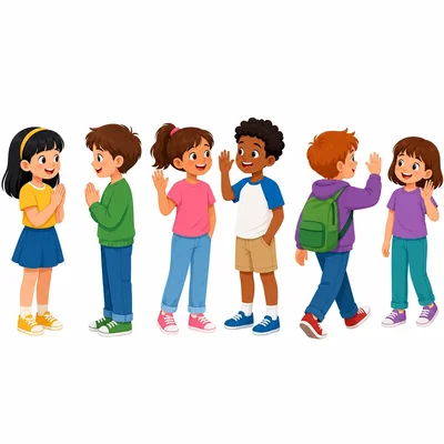 Children greeting each other and waving goodbye.