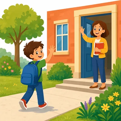 A child leaving school and waving goodbye.