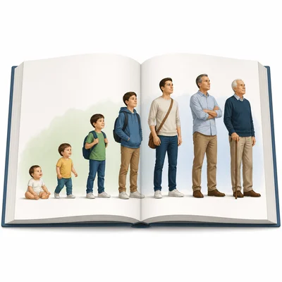 An open book showing a person's life stages.