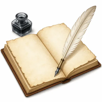 A handwritten manuscript with a quill pen.