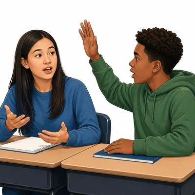 One student interrupting another student who is speaking.
