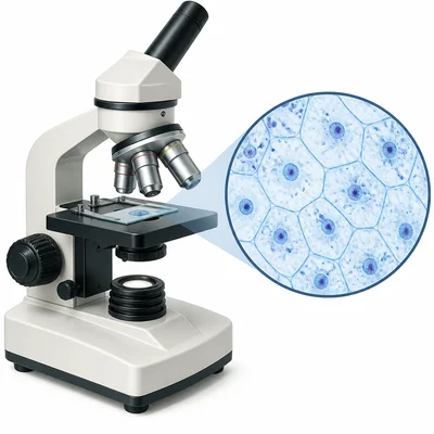 A microscope viewing tiny cells.