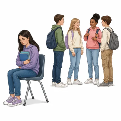 One student sitting apart from a social group.
