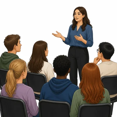 A group of people listening to a speaker.