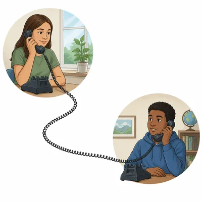 Two distant people connected by telephone.