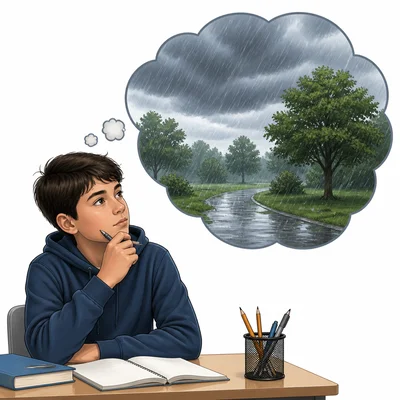 A student imagining future rainy weather.