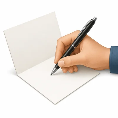 A hand signing a card with a pen.